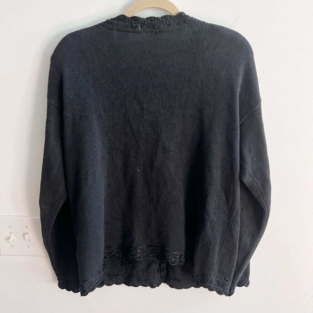 Vtg Black Knit Sweater Grandma Beaded Embroidery Flowers XL Grandma Yarnworks - Picture 2 of 12